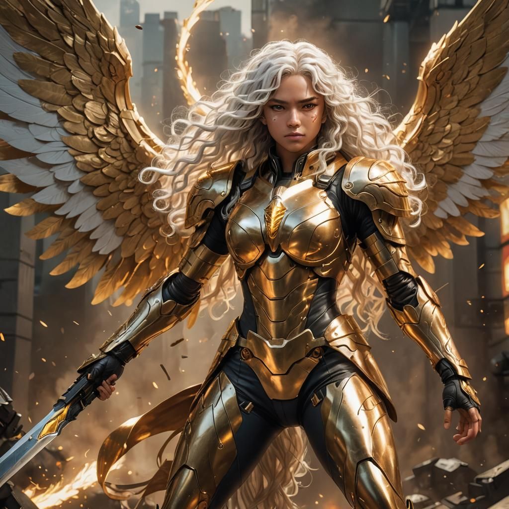 Anime-Style Teen Warrior with Golden Wings