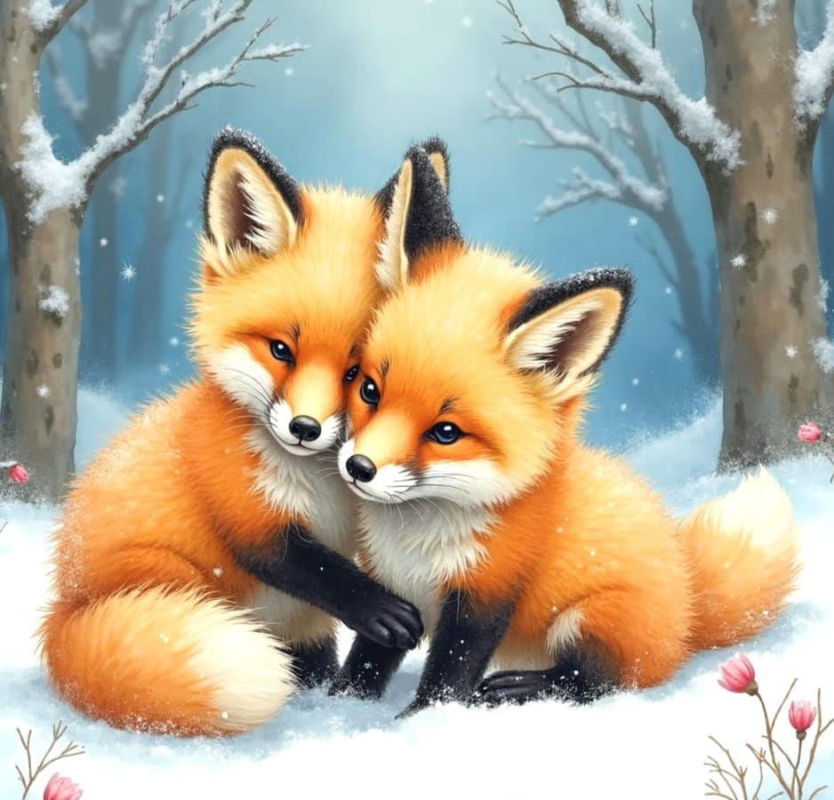 Arctic Fox Cubs Playing in Snow: Watercolor Painting