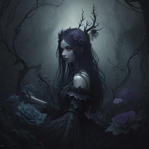 Dark Fairy in Ominous Garden: Dark Fantasy Art