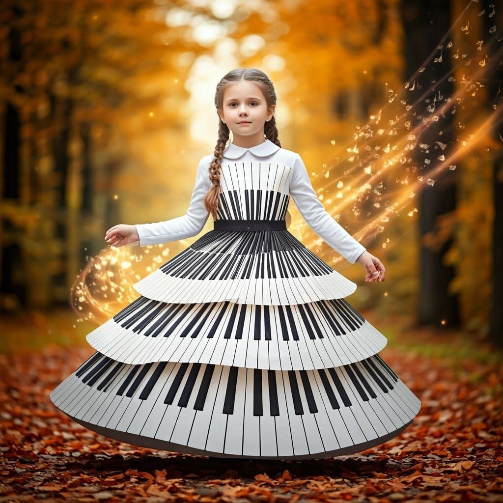 Enchanting Girl in Whirling Piano Key Dress