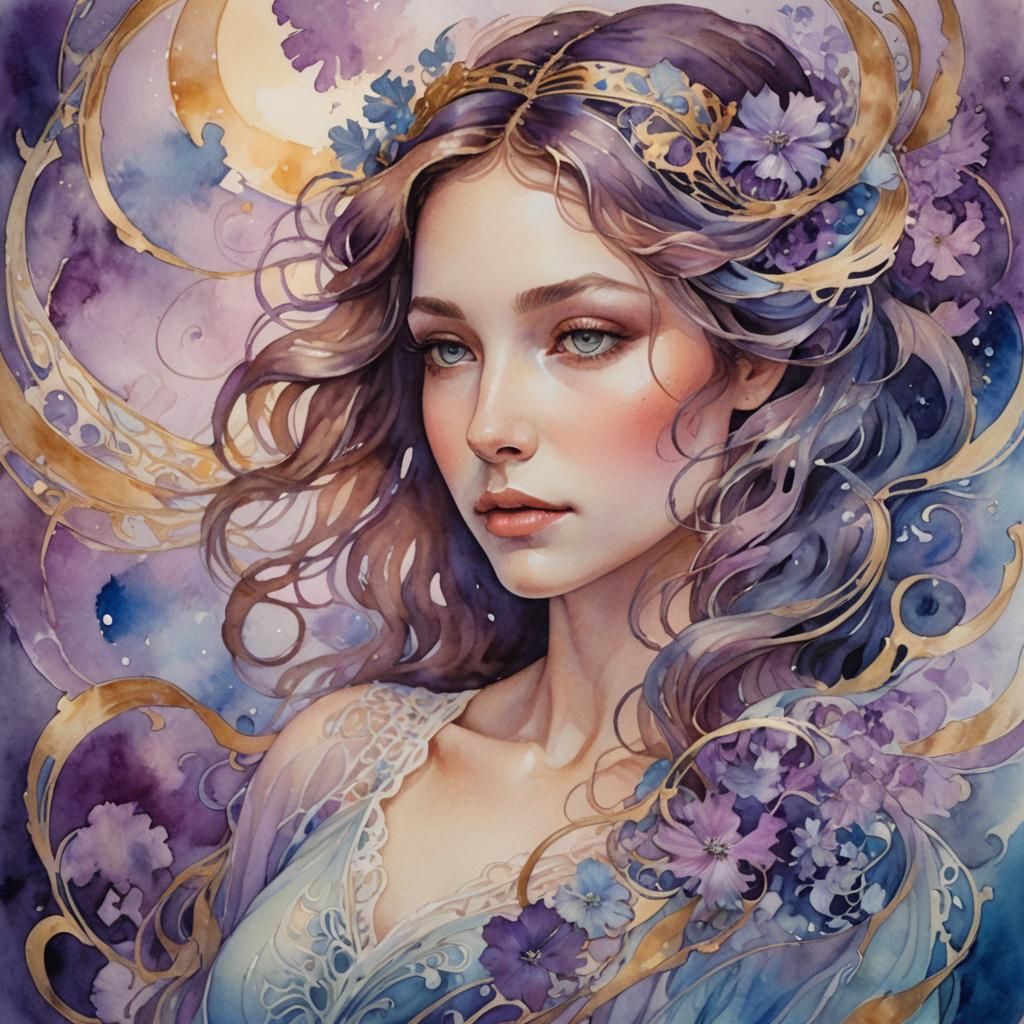 Ethereal Woman in Watercolor Art Nouveau Dreamscape