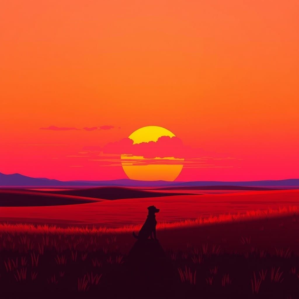 Vibrant Sunset Landscape with Silhouetted Dog