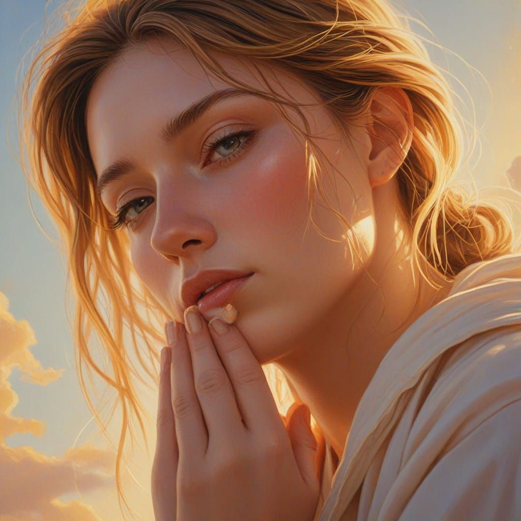 Surrealist Oil Painting: Praying Figure in Golden Light