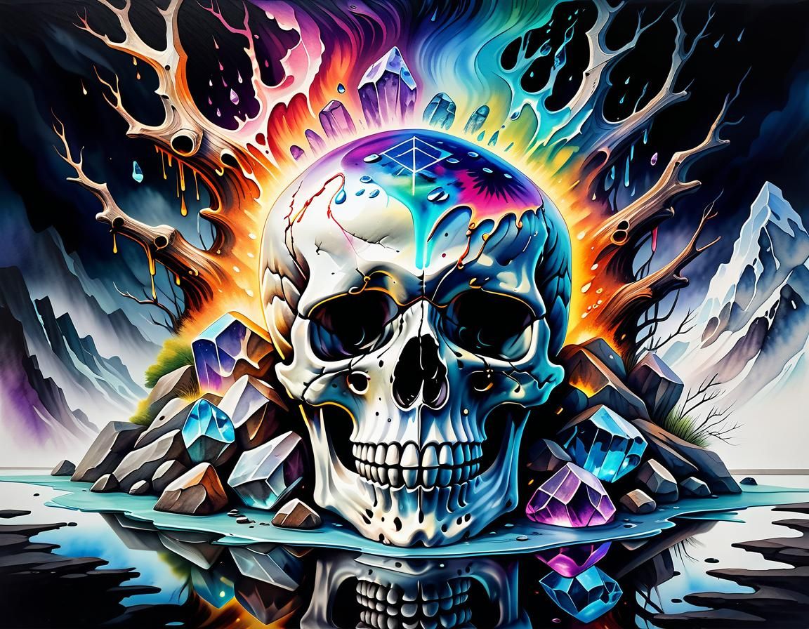 Nature's Fury: Watercolor Skull with Crystals