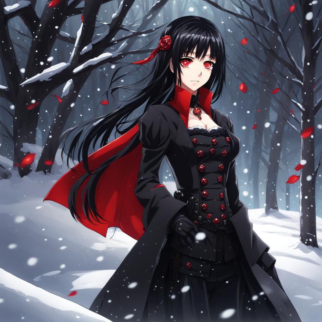 Gothic Woman with Red Eyes in Snowy Landscape