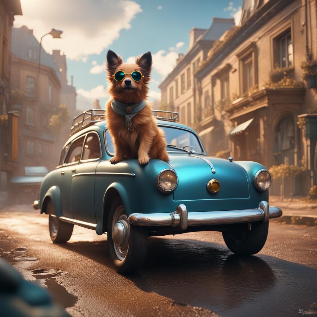 Dog Rides Car: Fantasy Concept Art