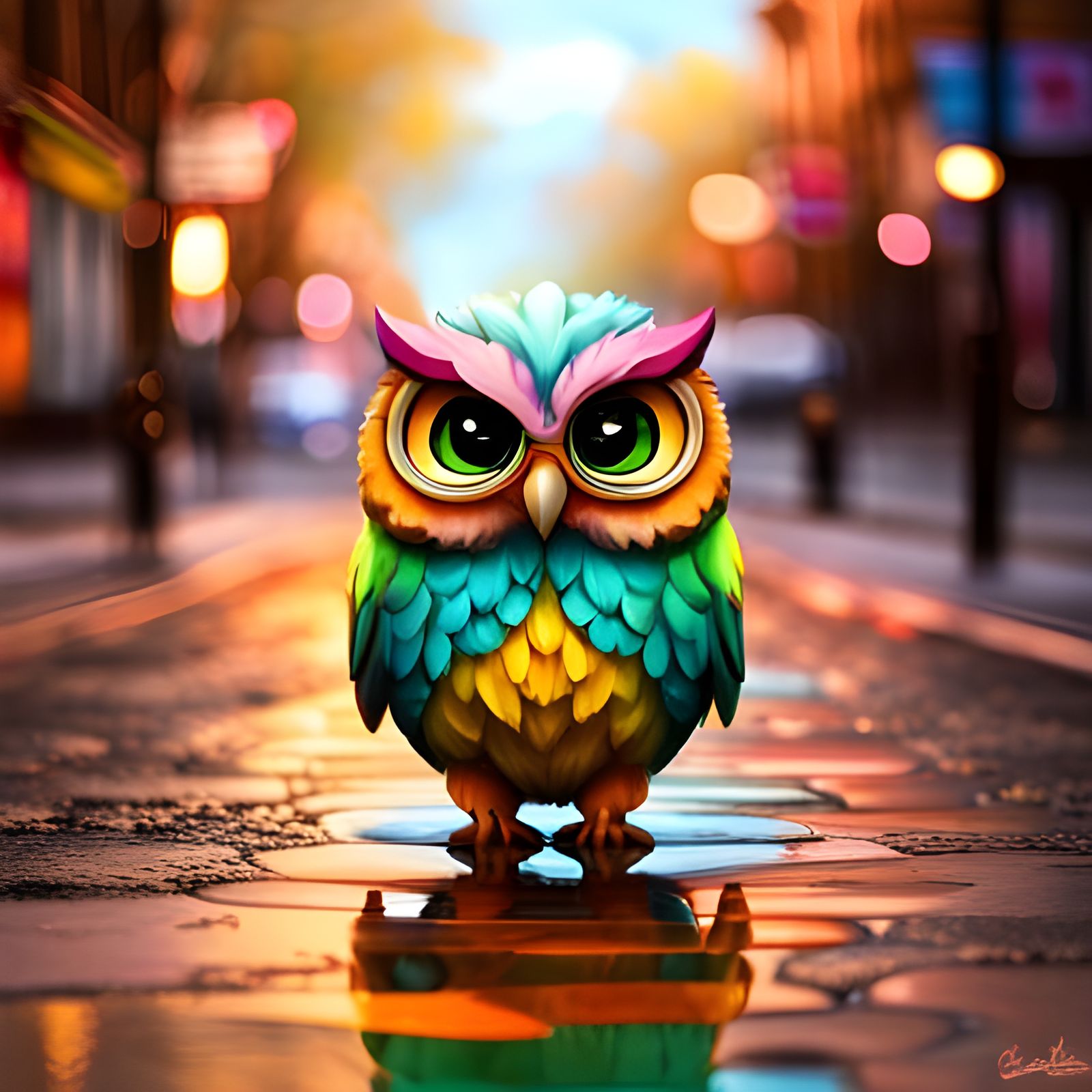 Rainbow Chibi Owl Graffiti Art in Quaint Village