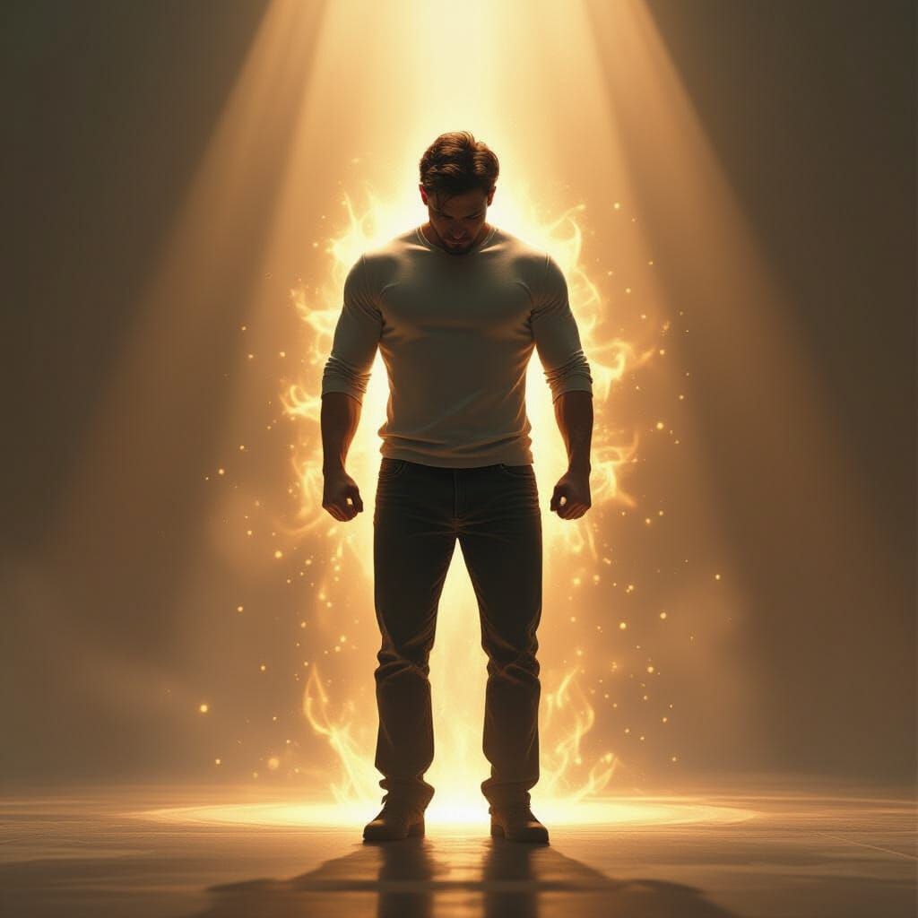 Person Rising with Glowing Aura in Sci-Fi Style
