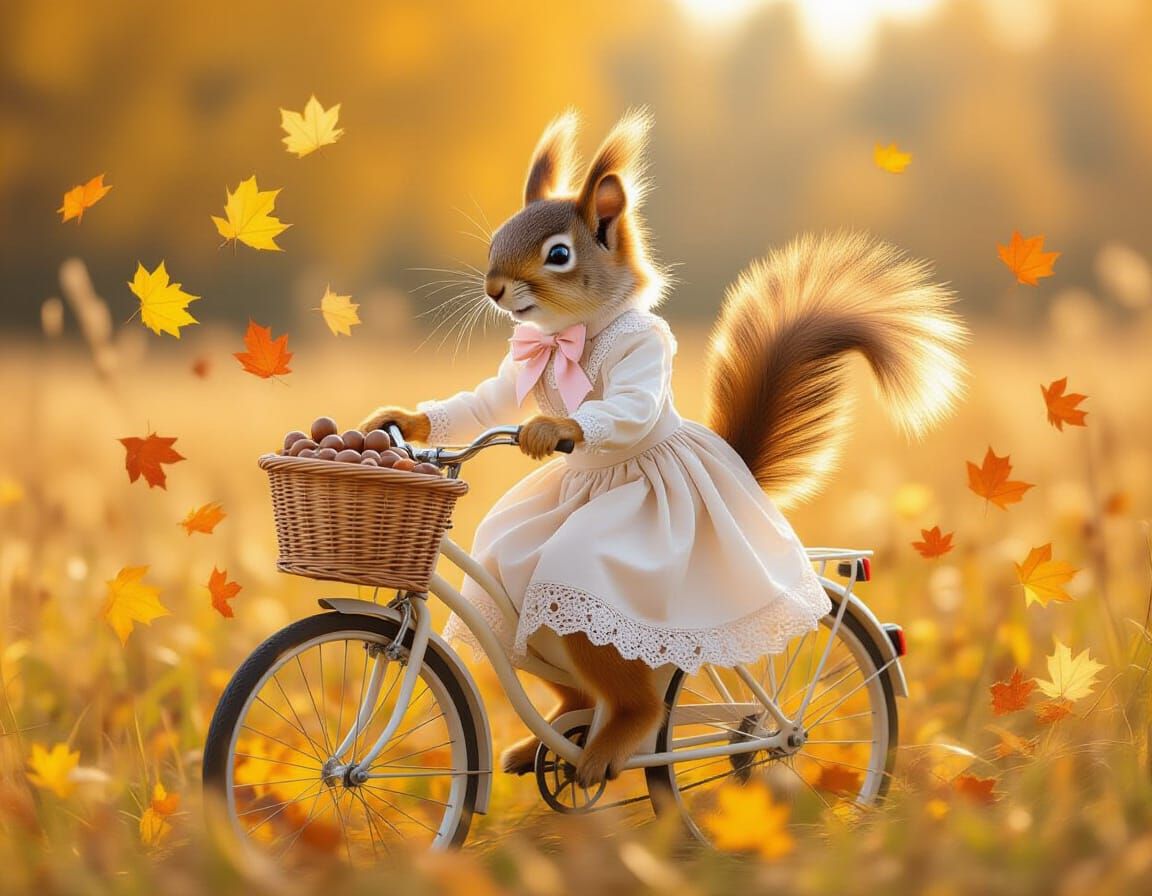 Squirrel Rides Bicycle Through Autumn Field
