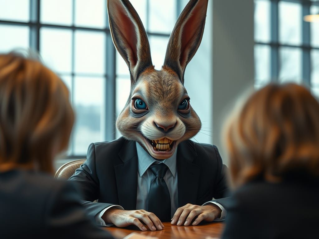 Grotesque Rabbit-Headed Figure in Surreal Encounter