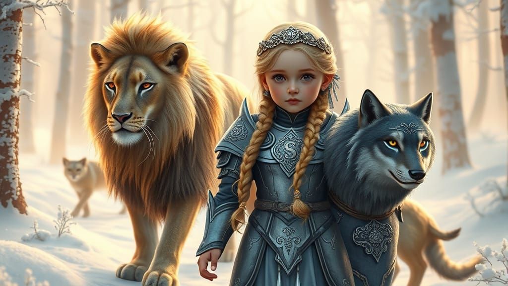 Regal Child Leads Lion Through Snowy Forest