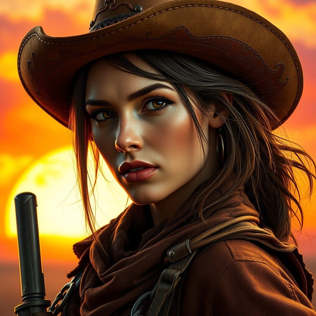 Woman in Western Garb Poses Against a Vibrant Sunset