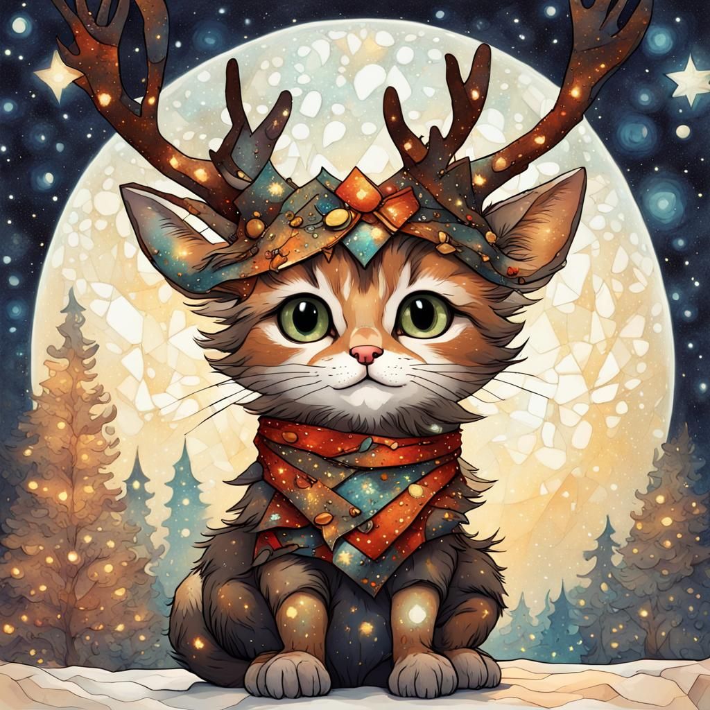 an adorable chibi cat dressed up as reindeer, dark starry night, gorgeous eyes, stained glass, fantasy illustration, tex...