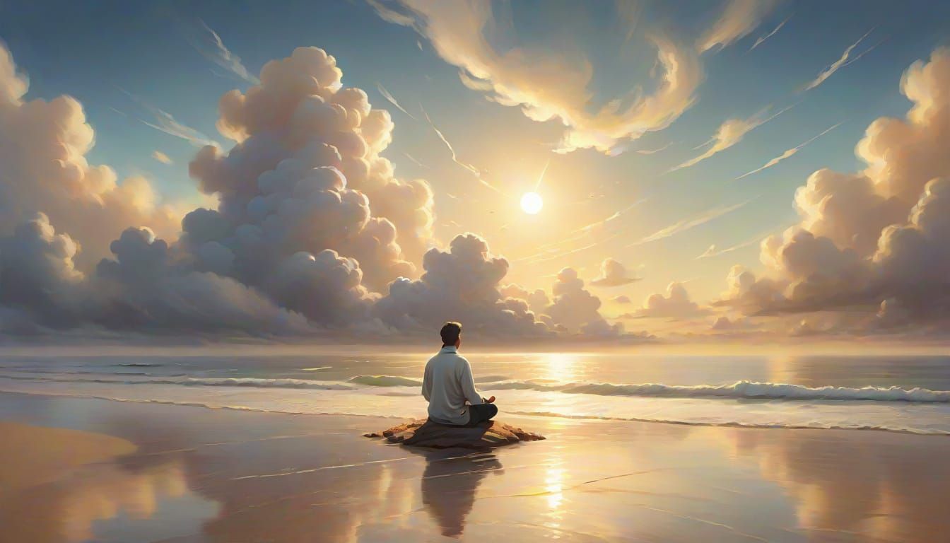 Person Meditating on Cloud by Seashore in Golden Hour