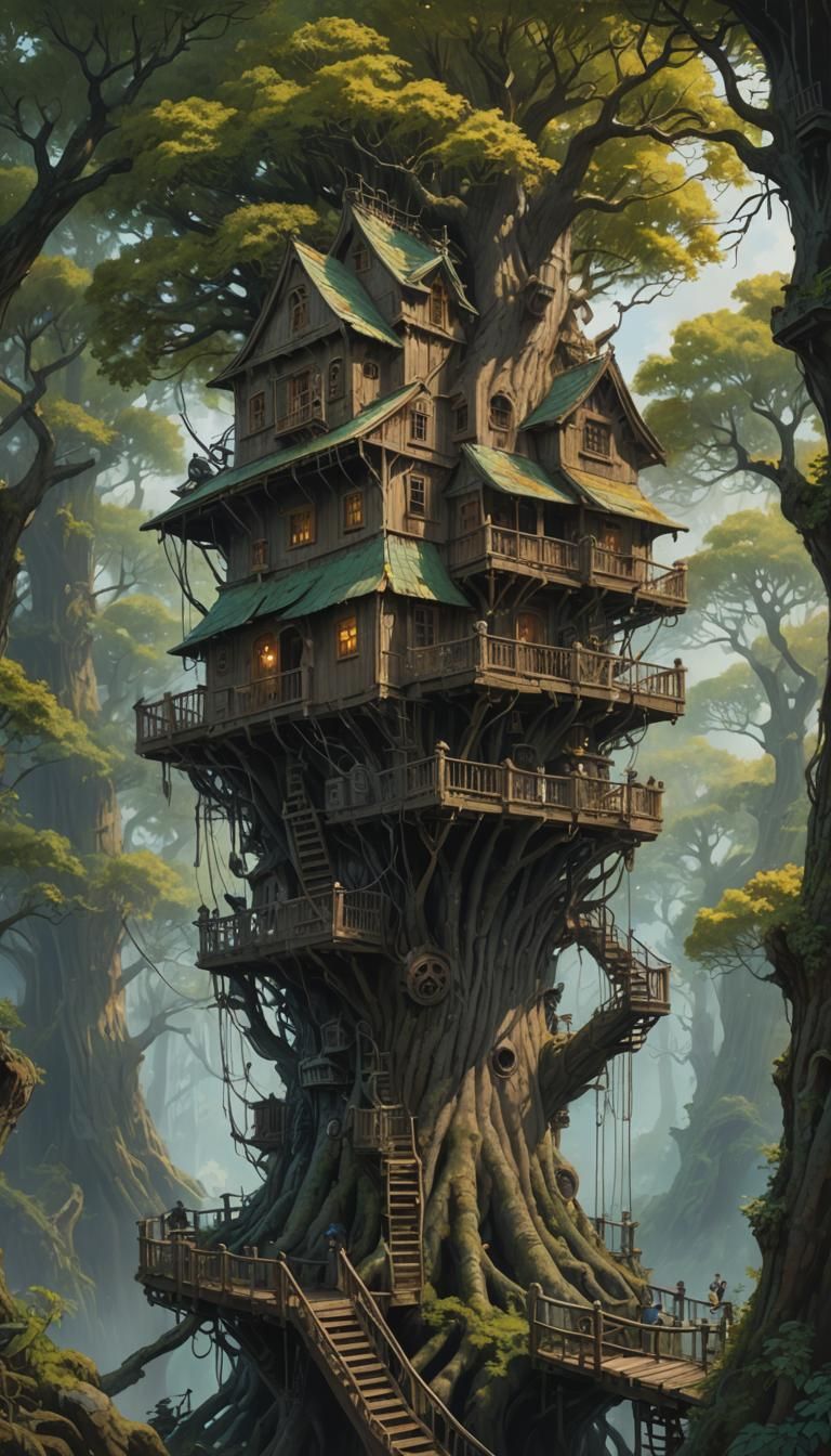 Steampunk Anime Treehouse in Ghibli Style