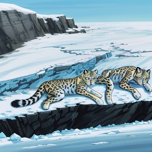 Vigilant Snow Leopard Cubs on Frosty Cliff