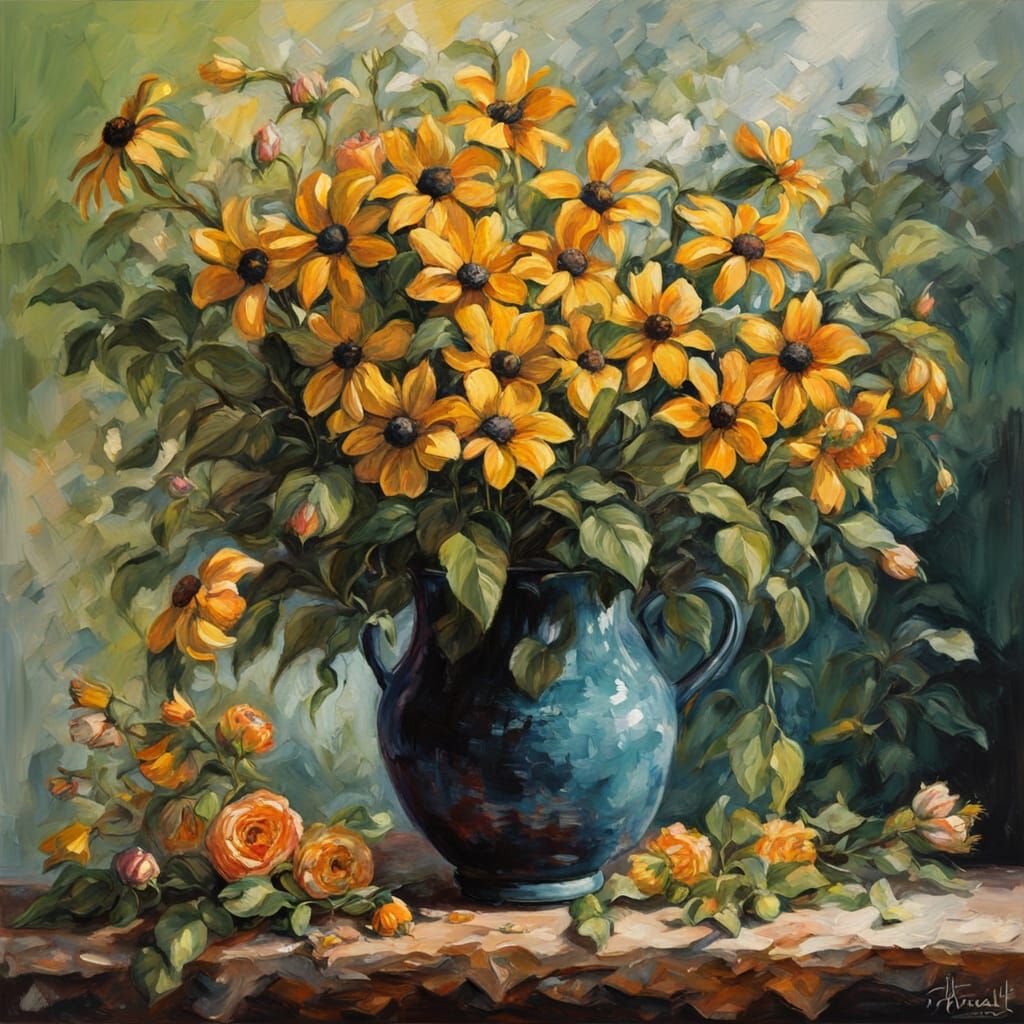 Vibrant Oil Painting of Black-Eyed Susans, Roses, and Honeys...