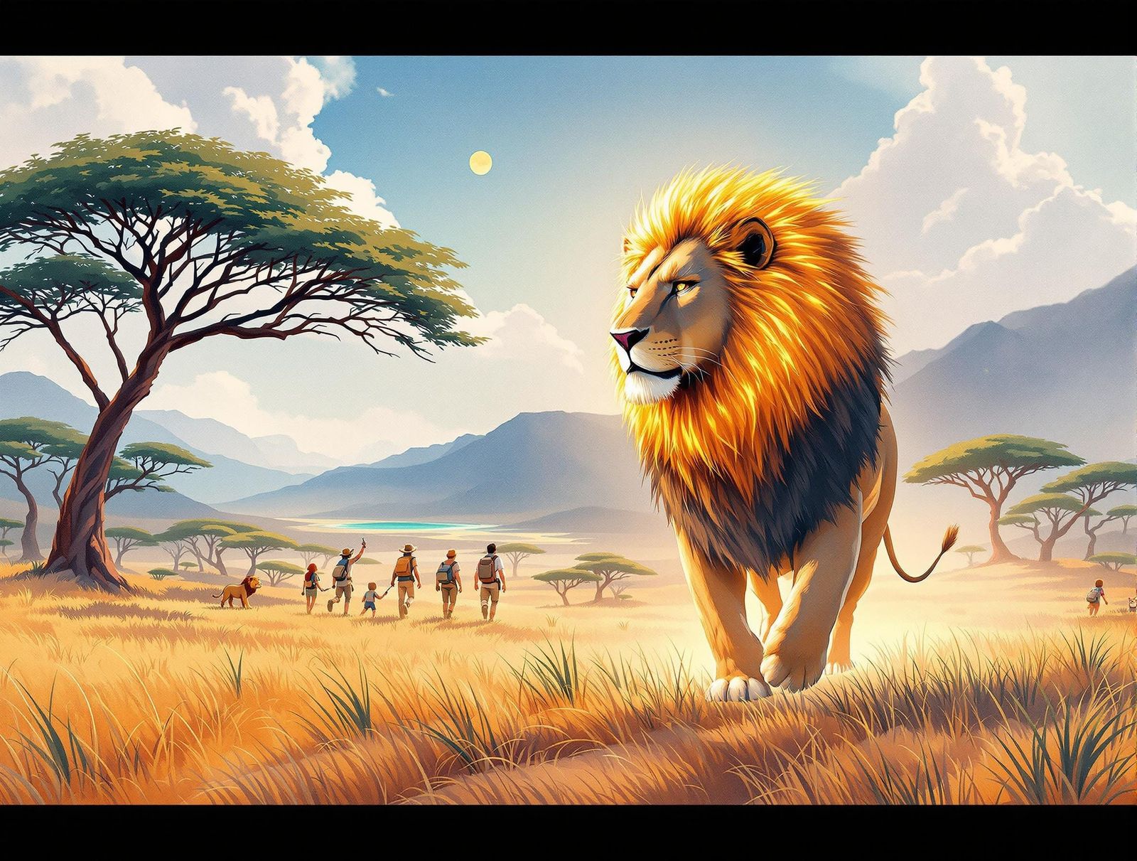 Majestic Lion Leads Explorers to Oasis: Watercolor Art