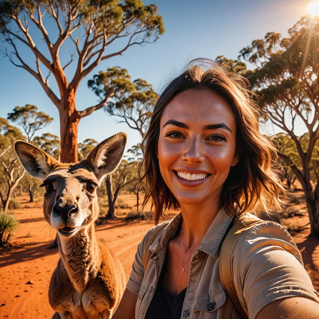 Humorous Outback Selfie with Kangaroo Photobomb