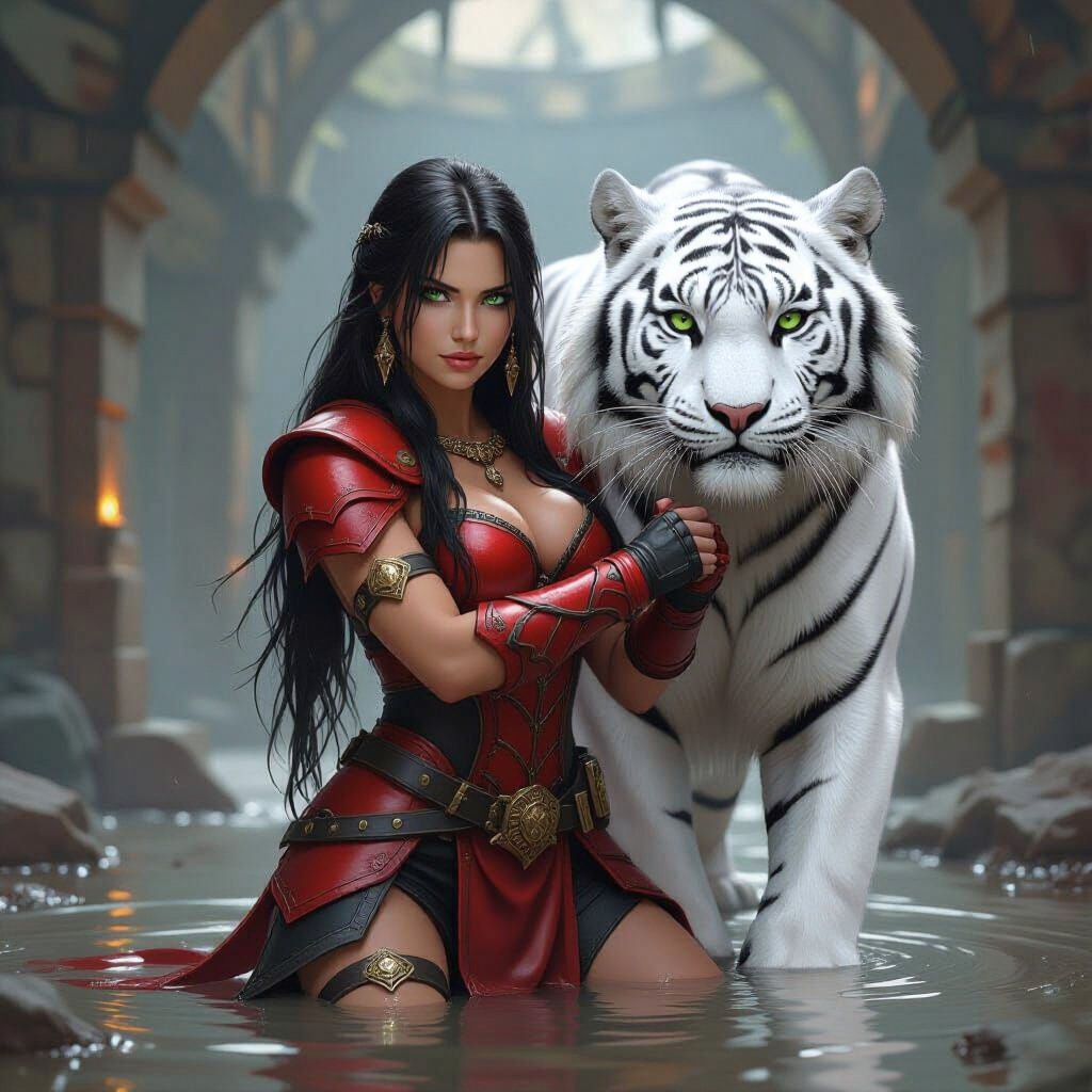 Female Warrior with Sabertooth Tiger in Dungeon