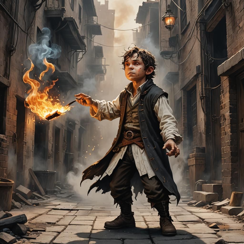 Halfling Sorcerer Casting Fire Spell in Dark Alley