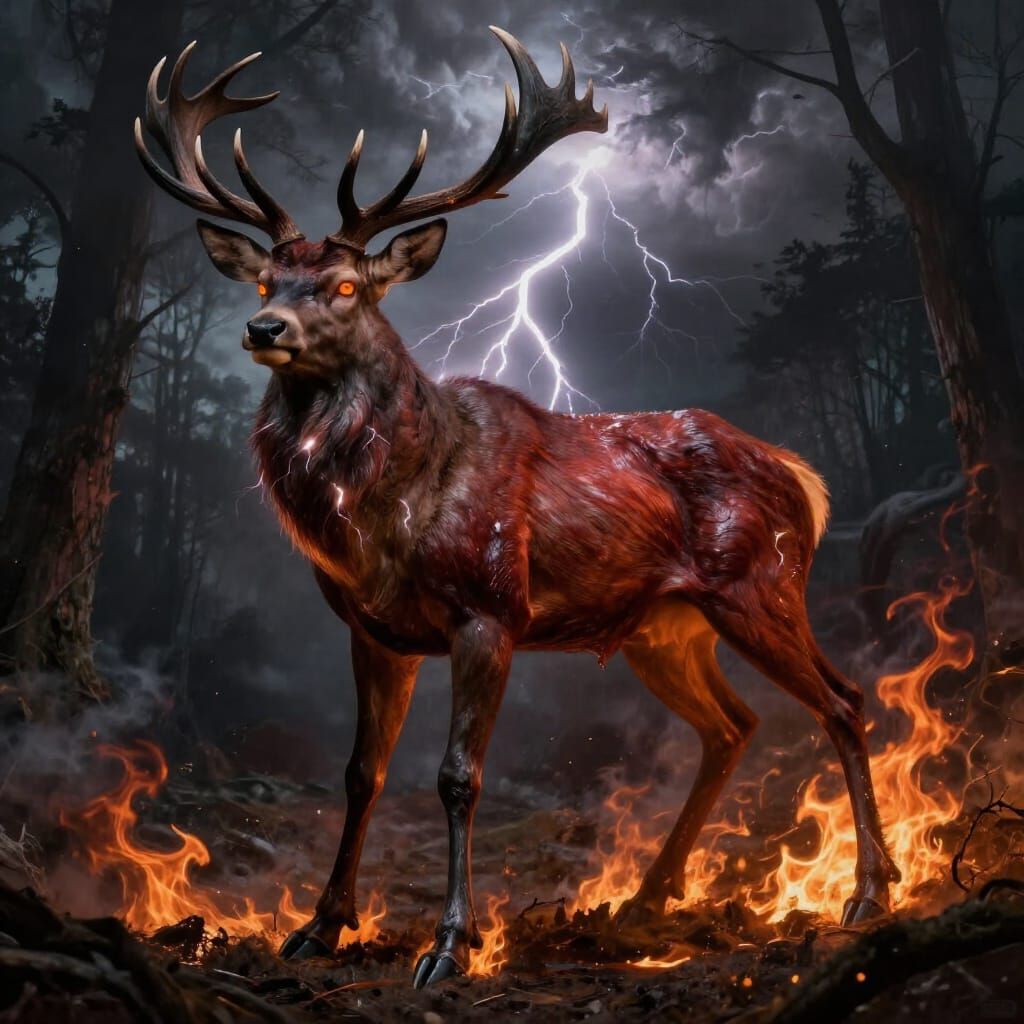 Predatory Stag with Fiery Tail in Stormy Forest