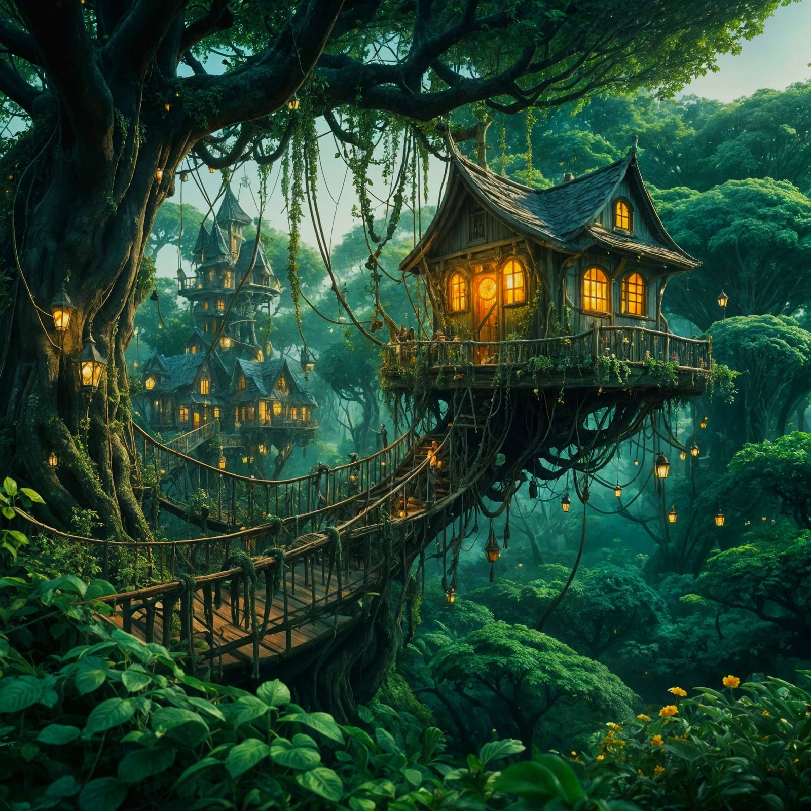Whimsical Fairy Village in Lush Treetops
