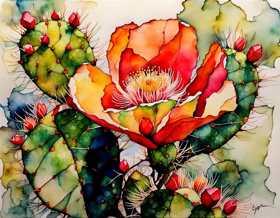 Expressionist Prickly Pear Blossom Ink Sketch