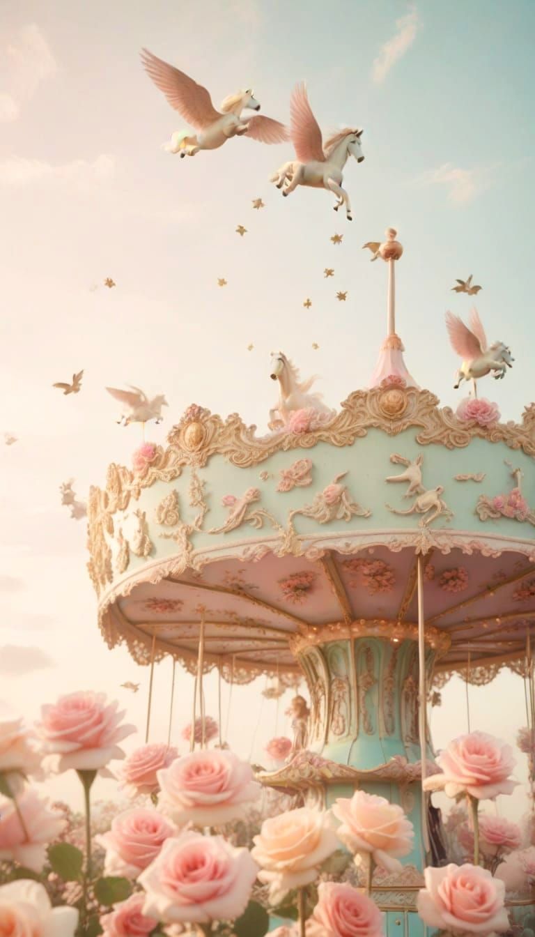 Whimsical Carousel Horses Leaping to Freedom in Pastel Sky
