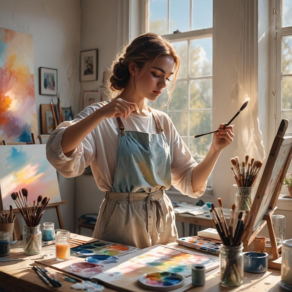 Girl Painting in Studio with Soft Light