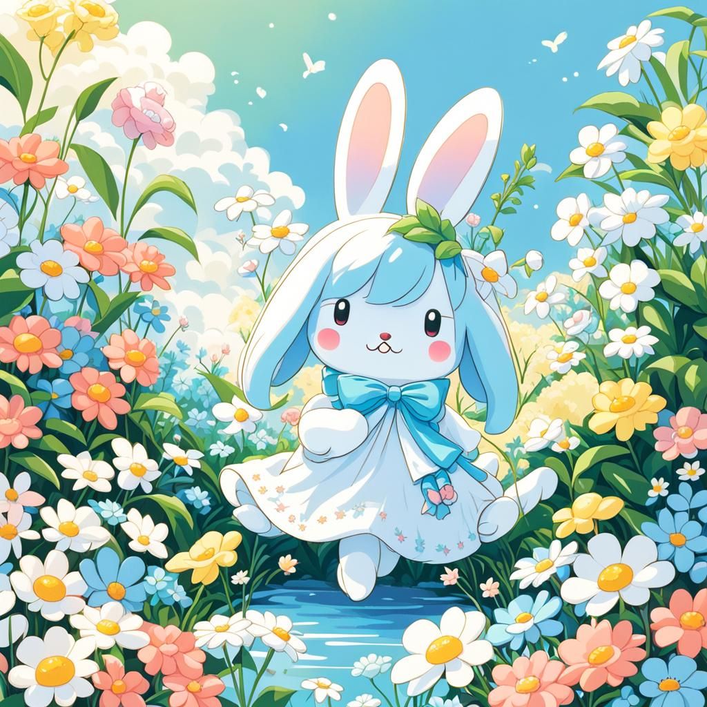 Cinnamoroll Bunny in Anime Style with Pastel Flowers