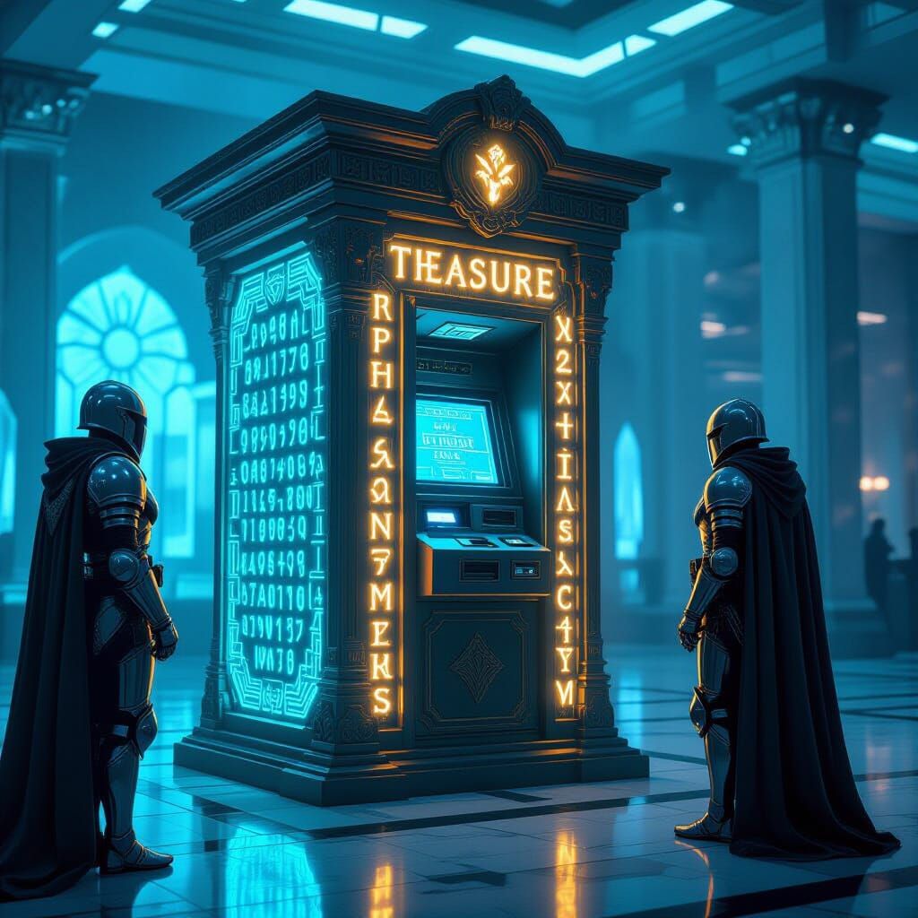 Glowing Rune ATM Treasure Chest Guarded by Space Knights