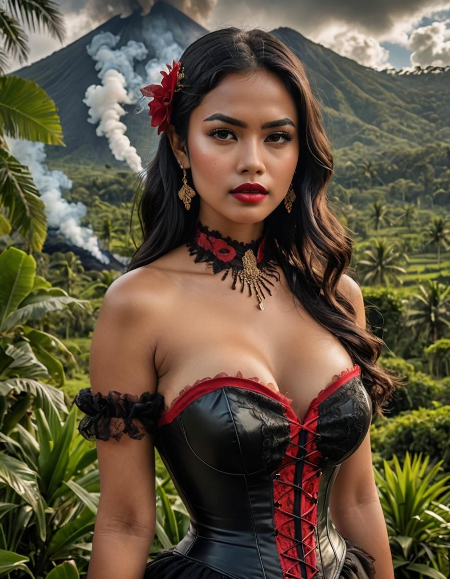 Tropical Volcano Scene with Woman in Latex Corset