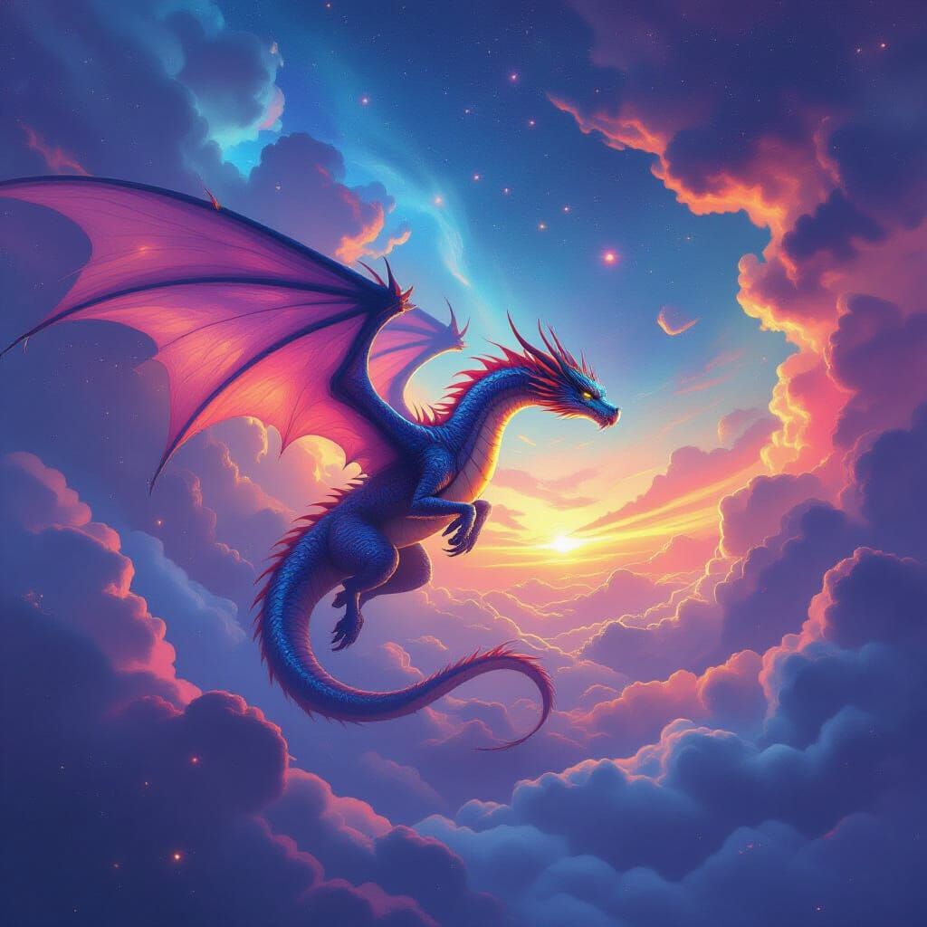 Dragon Soaring Through Vibrant Nebula Sky