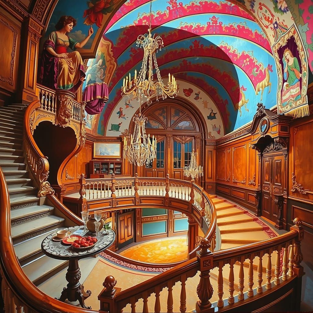Opulent Baroque Room with Sweeping Staircase