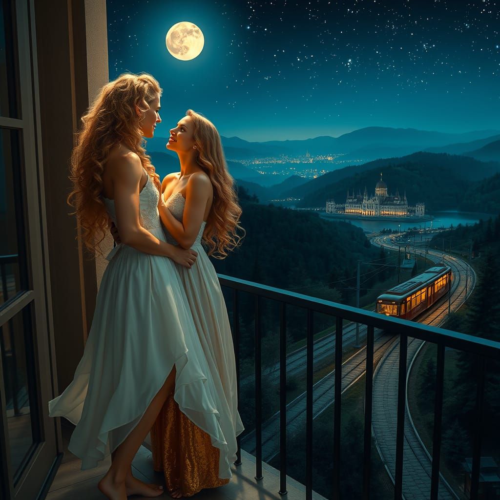 Romantic Couple Gaze into the Night City, Inspired by Art No...