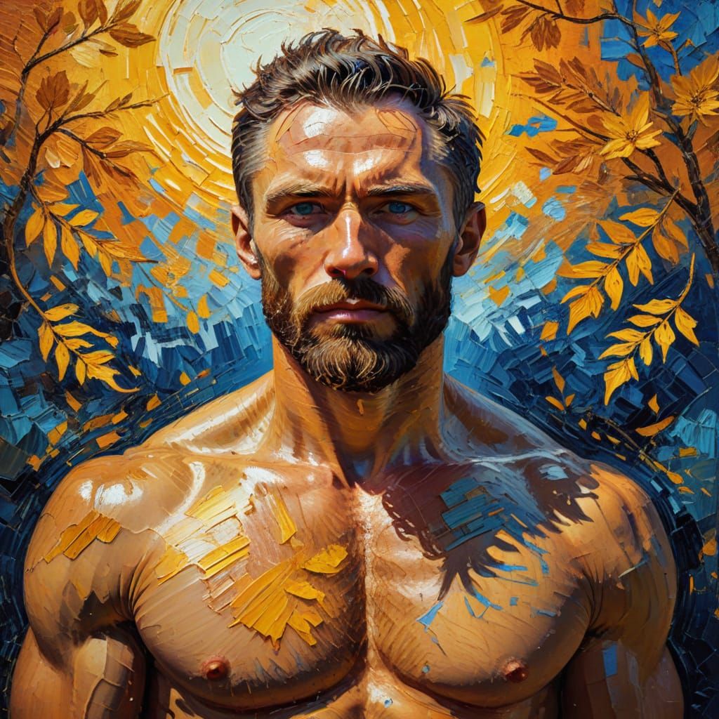 Muscular Man in Post-Impressionist Style Portrait