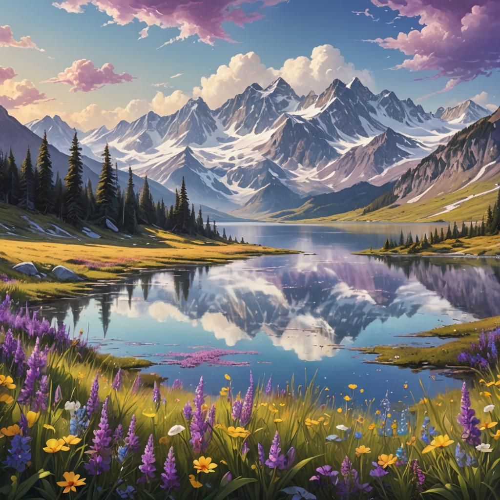Vibrant Fantasy Alpine Meadow Landscape in Pastel Hues