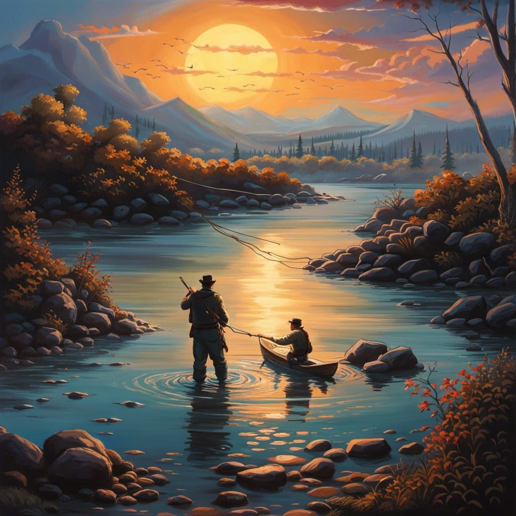 Surreal Fisherman Catches Glowing Fish: Hyperrealistic Conce...