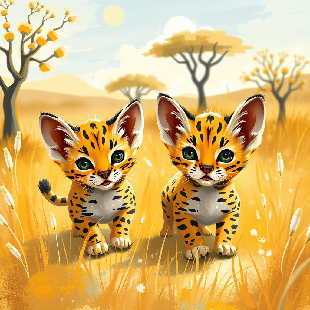 Savannah Kittens Playing in Sunny Landscape, Loish Style
