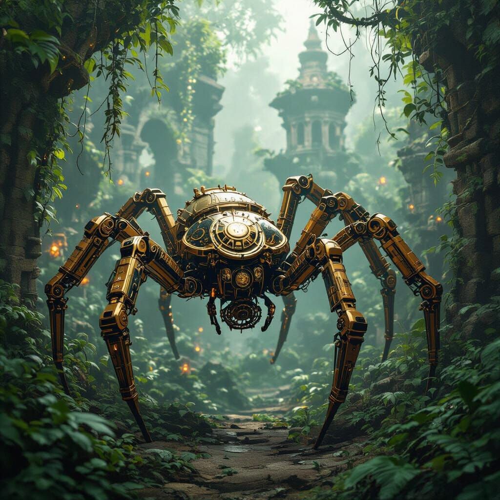 Mechanical Spider in Overgrown Jungle City