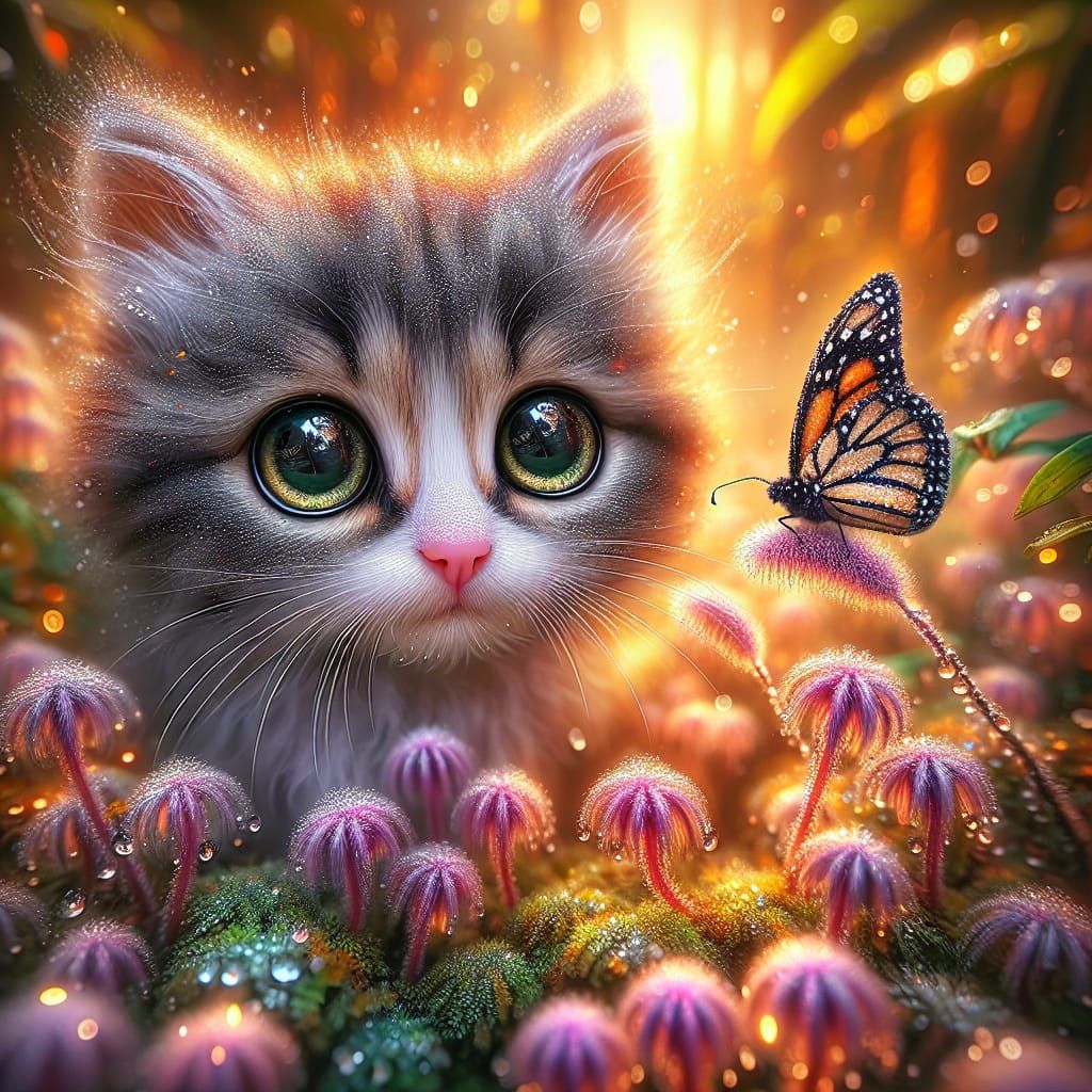 Kitten and Butterfly in Magical Forest Ambiance