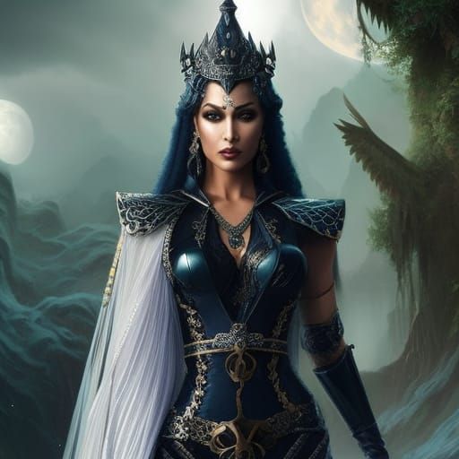 Moon Goddess with Black Sword, Detailed Digital Art