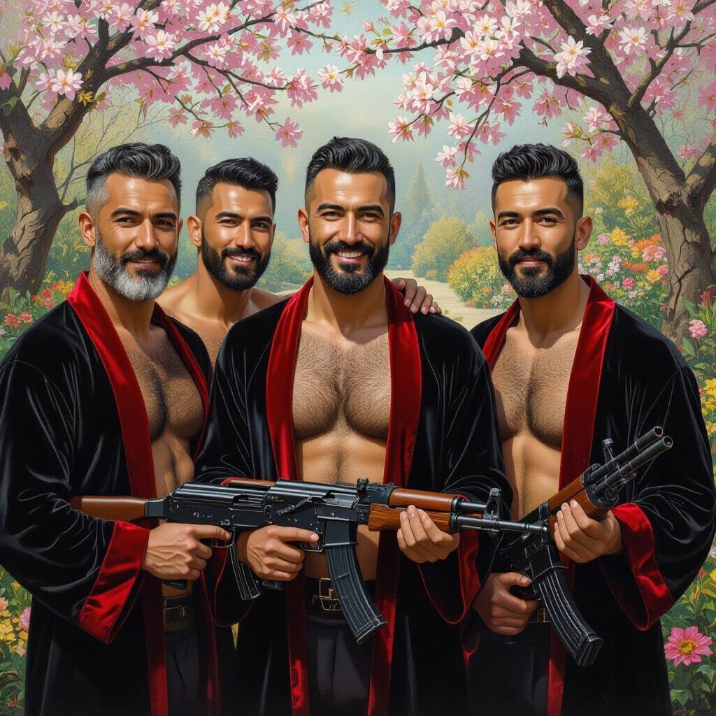 Joyful Men with Machine Guns in Paradise Garden