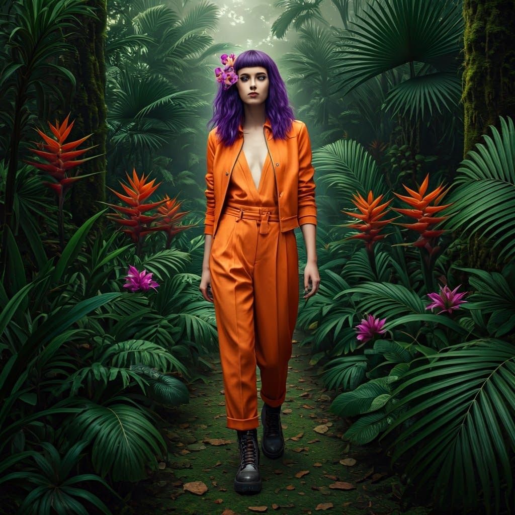 Woman with Purple Hair in Rainforest, Fashion Photography