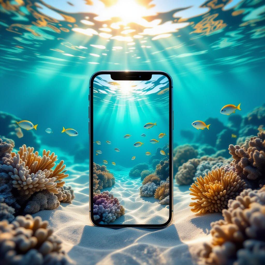 iPhone on Ocean Floor Displaying Underwater Scene