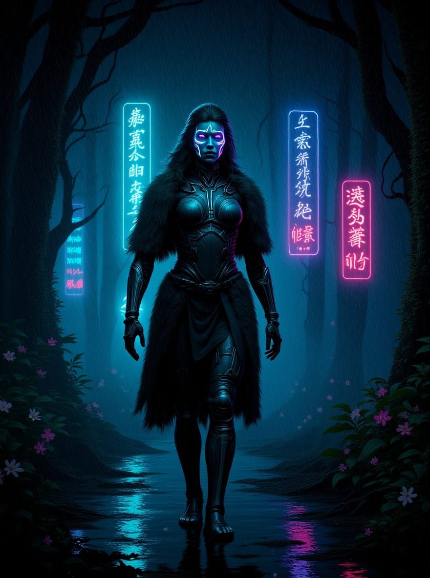 Cyberpunk Prehistoric Woman in Futuristic Wilderness