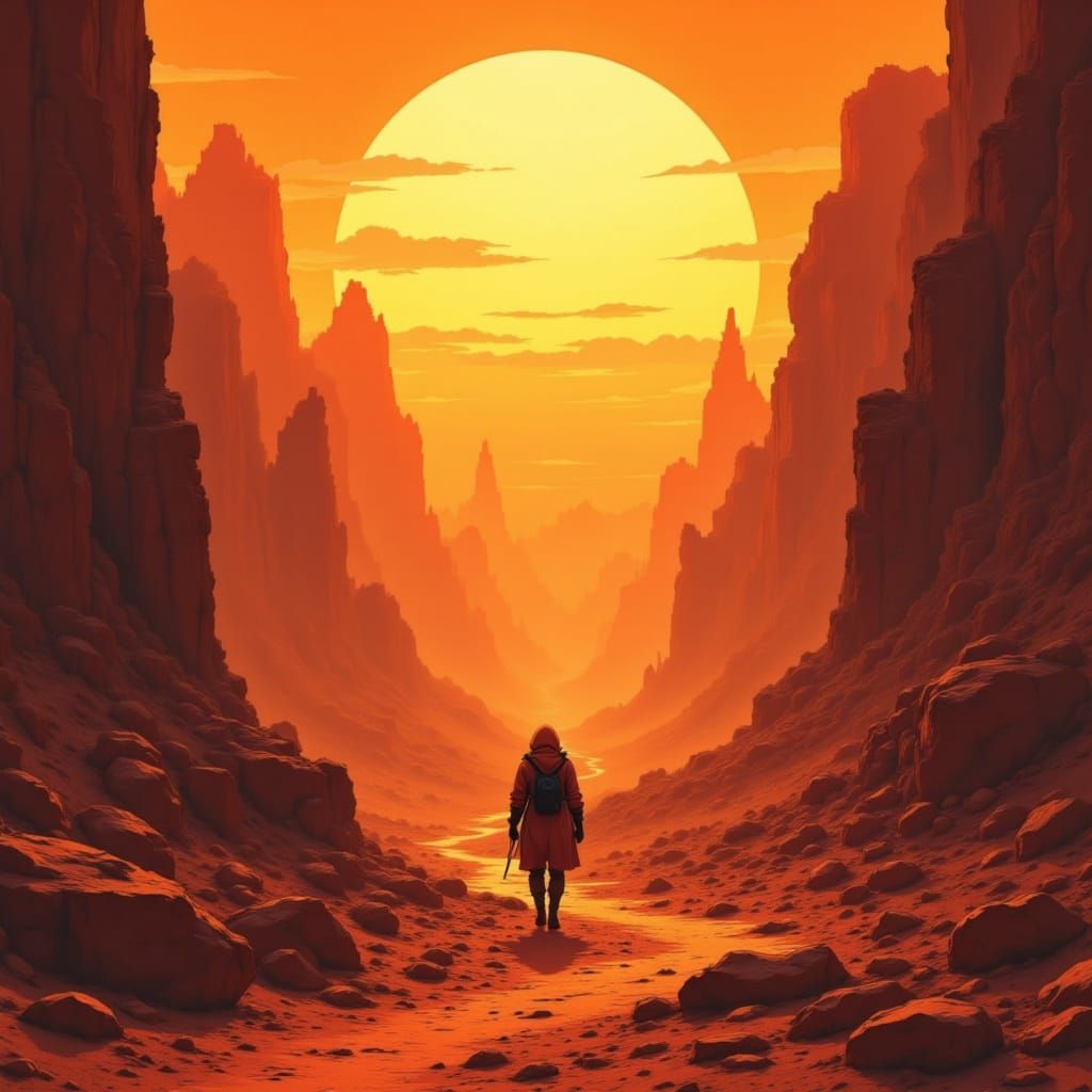Hooded Traveler in Alien Canyon: Anime Concept Art