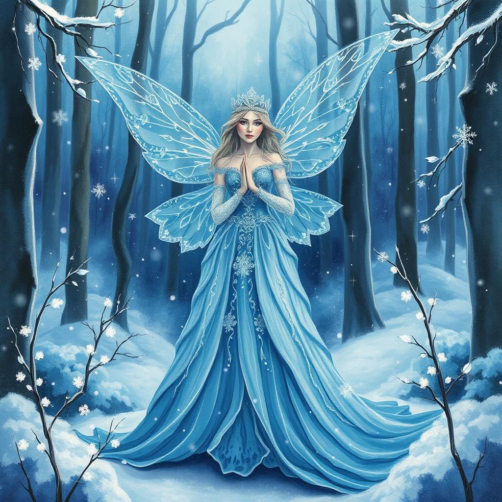 Ice Fairy Queen in Winter Wonderland, Watercolour and Ink