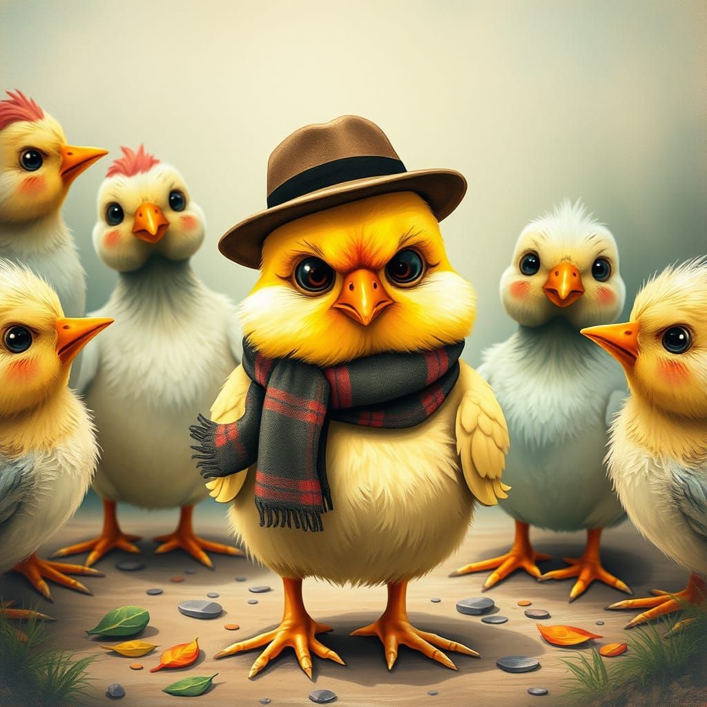 Grumpy Chick with Fedora in Whimsical Storybook Scene